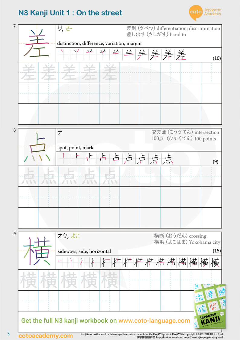 JLPT N3 kanji practice workbook street 交差点