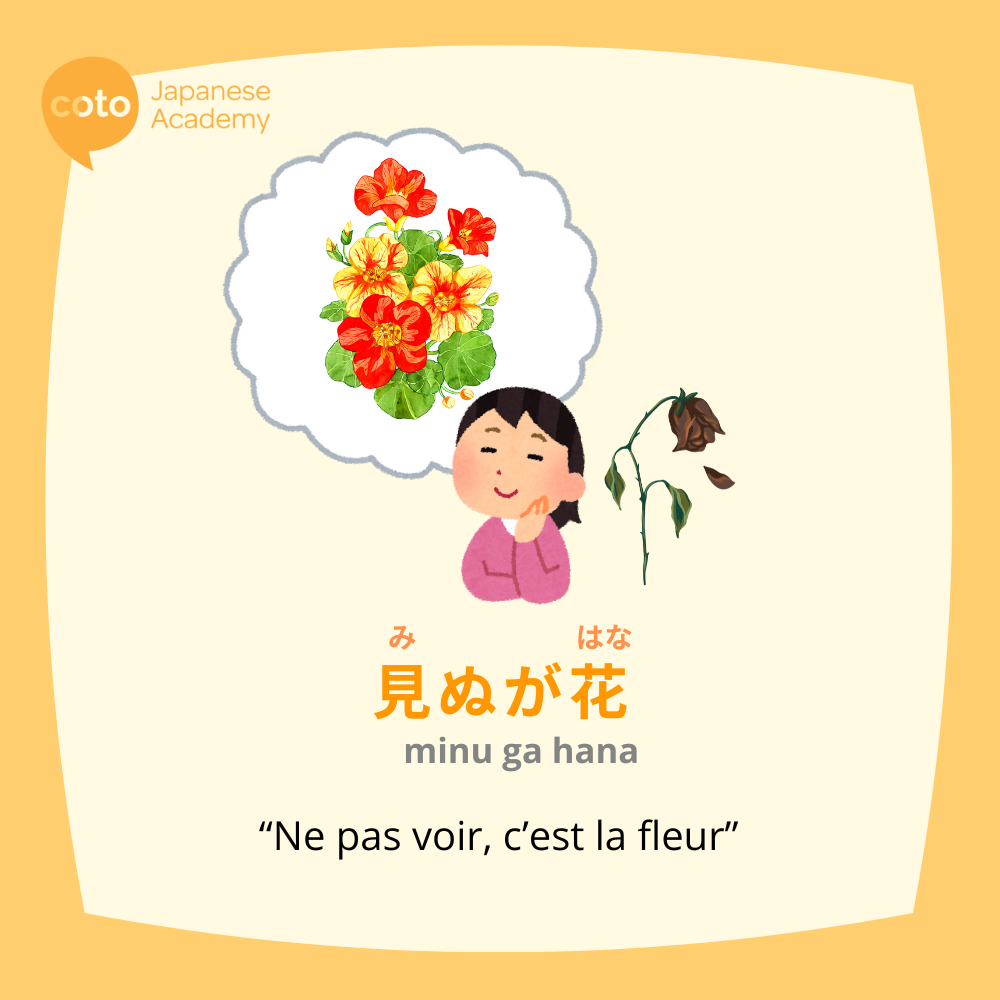 Illustration du proverbe japonais « 見ぬが花 (minu ga hana) », signifiant « Ne pas voir, c’est la fleur », avec une personne imaginant de belles fleurs pendant qu'une fleur fanée se trouve devant elle — symbolisant que l’imagination embellit la réalité.