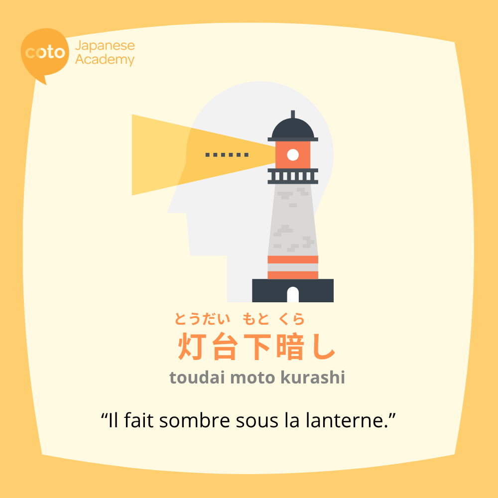 Illustration du proverbe japonais « 灯台下暗し (toudai moto kurashi) », signifiant « Il fait sombre sous la lanterne », avec un phare projetant de la lumière au loin, symbolisant le fait qu’on ne voit pas ce qui est juste sous ses yeux.
