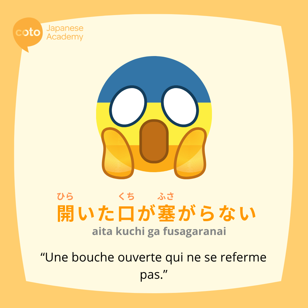 Illustration du proverbe japonais « 開いた口が塞がらない (aita kuchi ga fusagaranai) », signifiant « Une bouche ouverte qui ne se referme pas », avec un visage choqué style emoji, la bouche grande ouverte et les mains sur les joues, exprimant la stupeur ou l’incrédulité face à quelque chose de choquant.