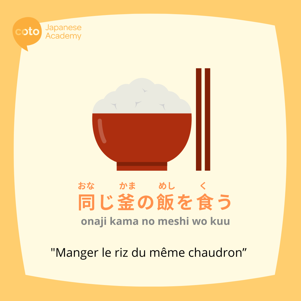 Illustration du proverbe japonais « 同じ釜の飯を食う (onaji kama no meshi wo kuu) », signifiant « Manger le riz du même chaudron », avec un bol de riz et une paire de baguettes, symbolisant une relation forte forgée par le partage d’expériences communes.