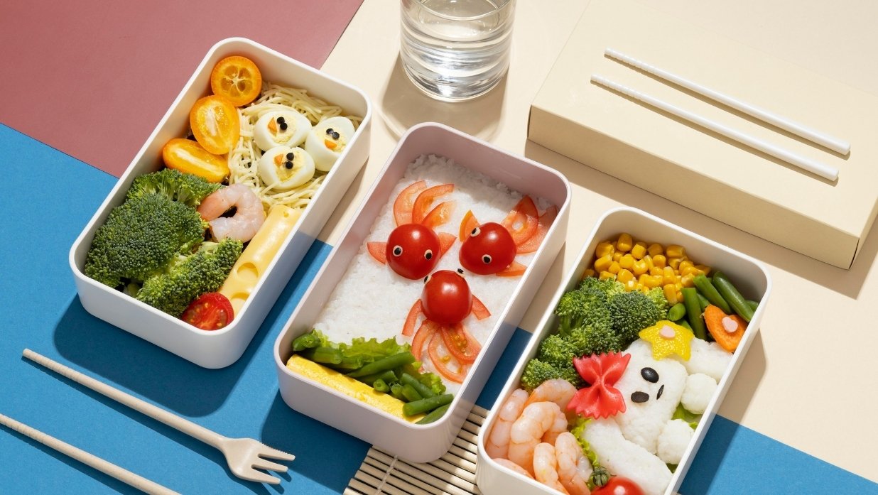 3 bento boxes at lunch. Yummy meals. Utensils on it also.