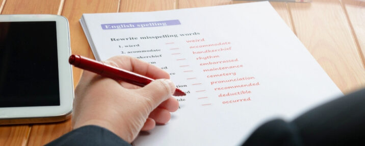 Person working on a worksheet with a red pen.