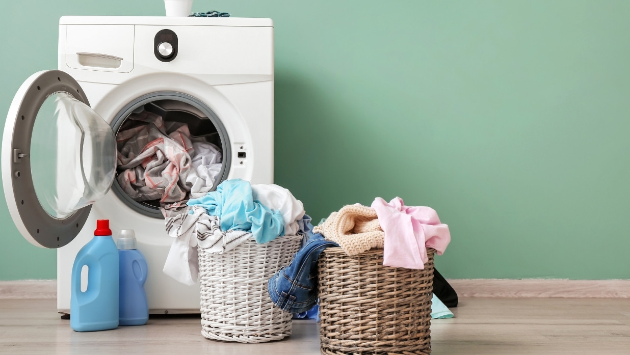 Laundry basket, laundry, washer, and detergent