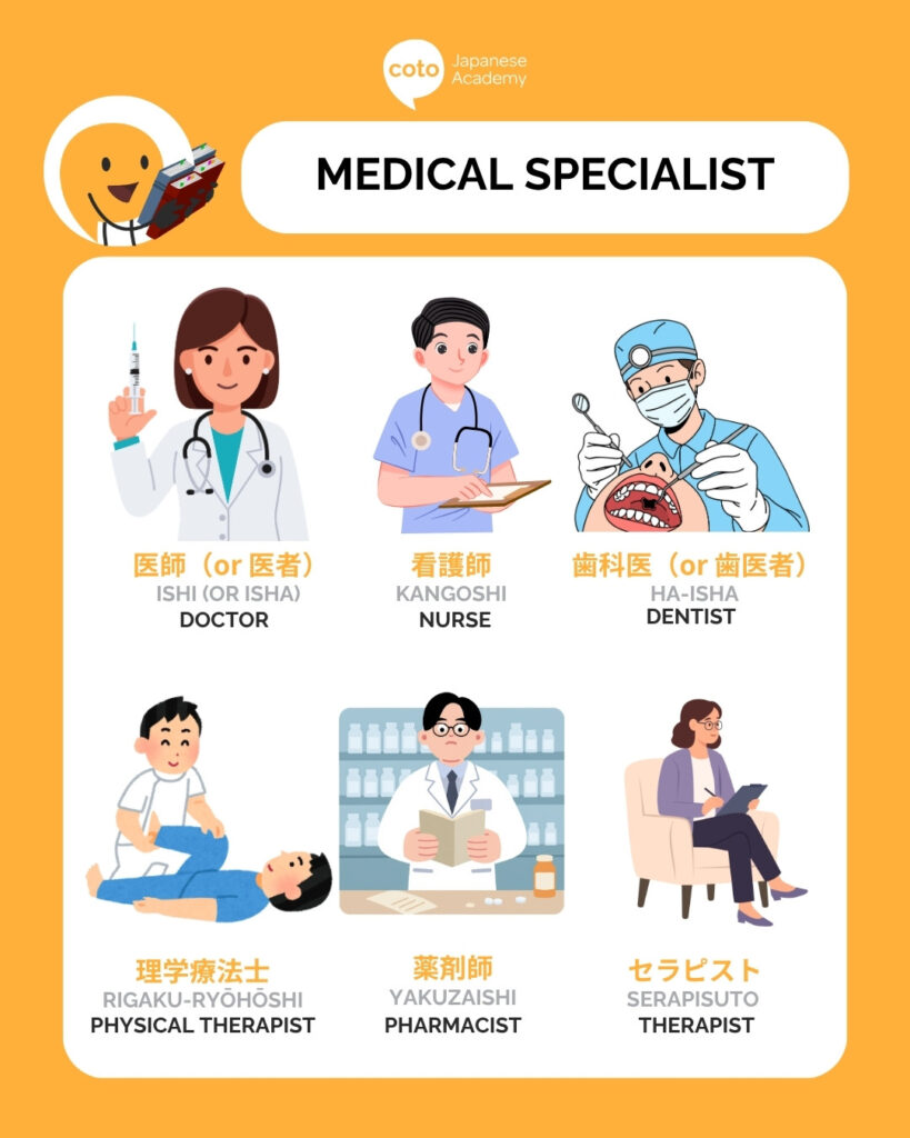 Infographic showing different Japanese terms for medical professionals