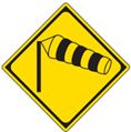 Japanese road sign showing crosswinds are ahead