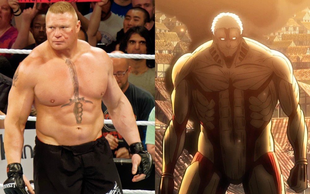 Image showing how the physique of the anime villian, iron titan, is inspired by the real-life figure Brock Lesner