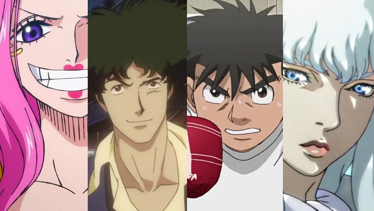 Feature image showing popular anime characters from one piece, cowboy bebop, hajime no ippo, and berserk